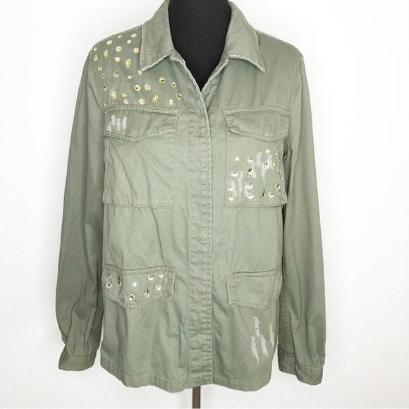Jean Pascale army green distressed studded snap front shacket size 40 or US 10 - Picture 1 of 16